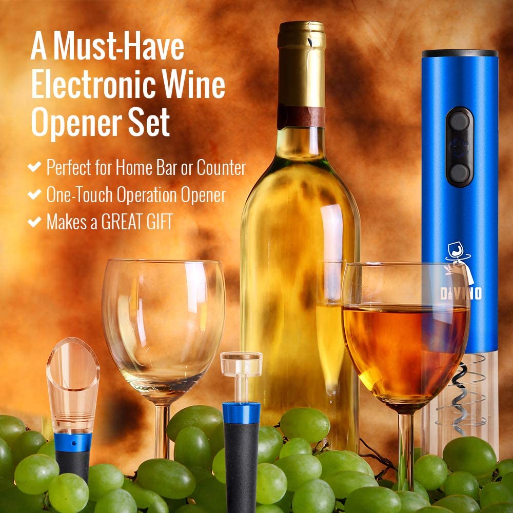Powerful Electric Wine Opener BLUE Set β Automatic β Battery Operated with Foil Cutter, Vacuum Stopper & Aerator