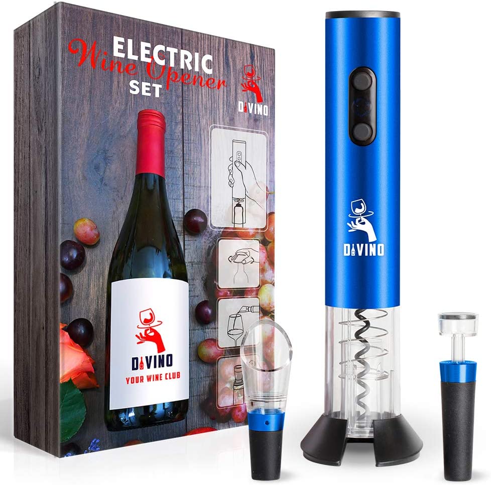 Powerful Electric Wine Opener BLUE Set – Automatic – Battery Operated with Foil Cutter, Vacuum Stopper & Aerator