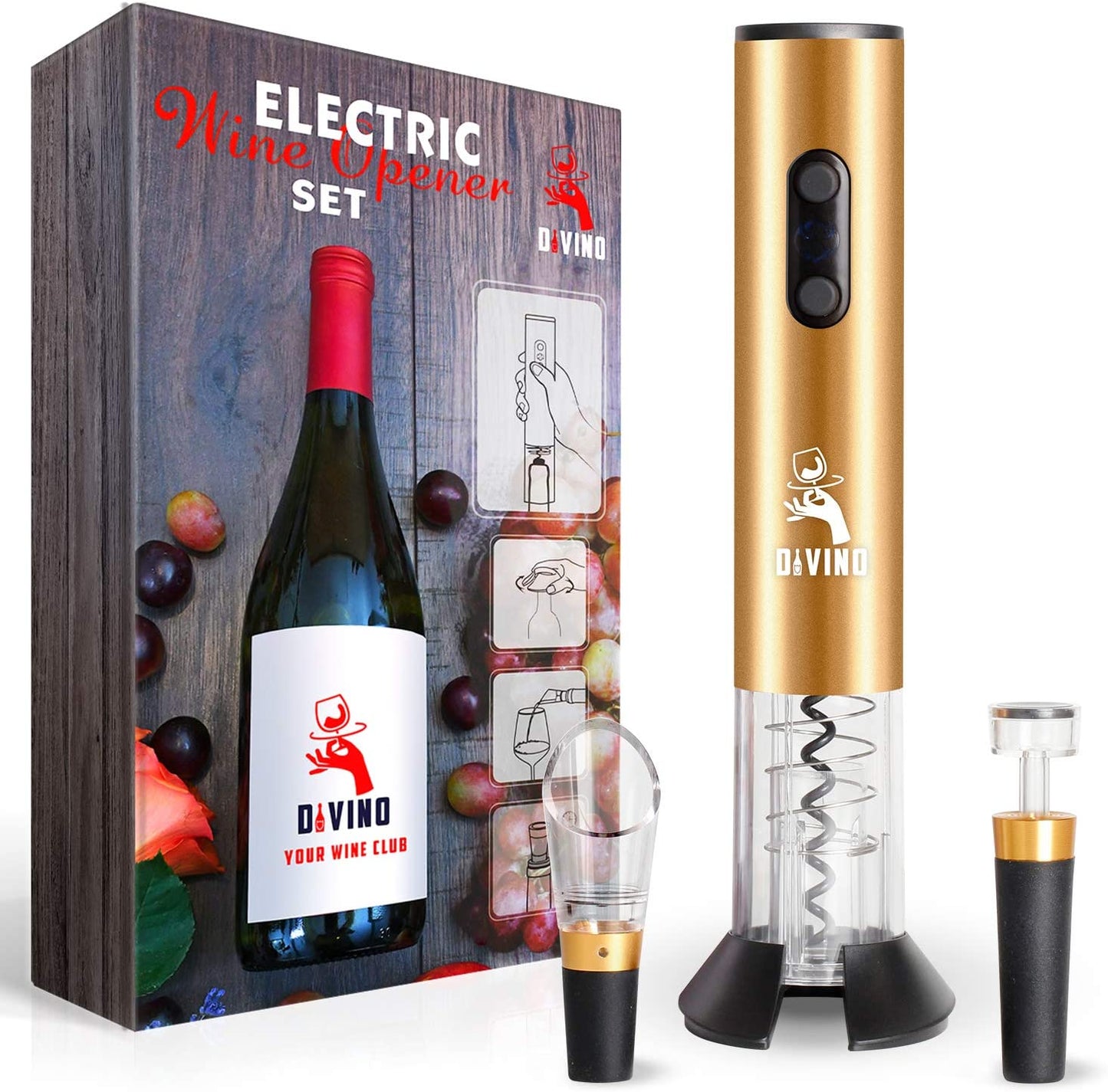 Powerful Electric Wine Opener GOLD Set – Automatic – Battery Operated with Foil Cutter, Vacuum Stopper & Aerator