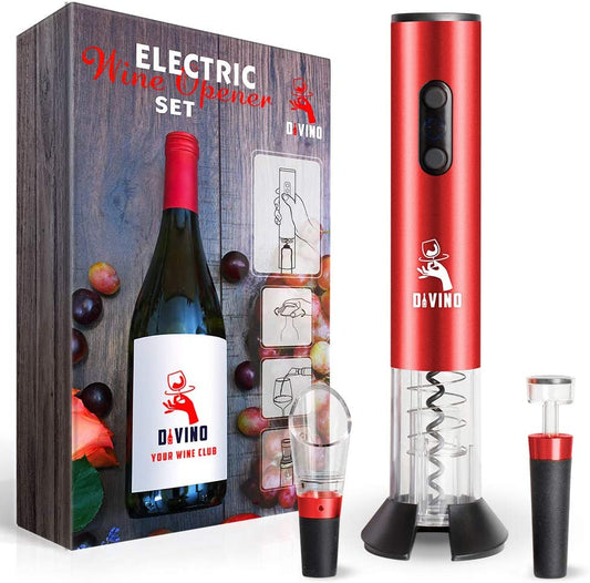 Powerful Electric Wine Opener RED Set – Automatic – Battery Operated with Foil Cutter, Vacuum Stopper & Aerator