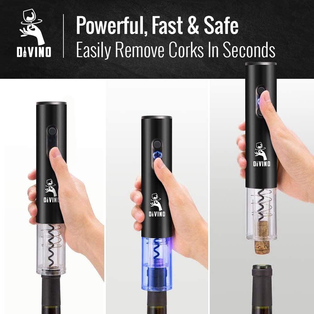 Electric Wine Opener BLACK Set – Automatic – Battery Operated with Foil Cutter, Vacuum Stopper & Aerator