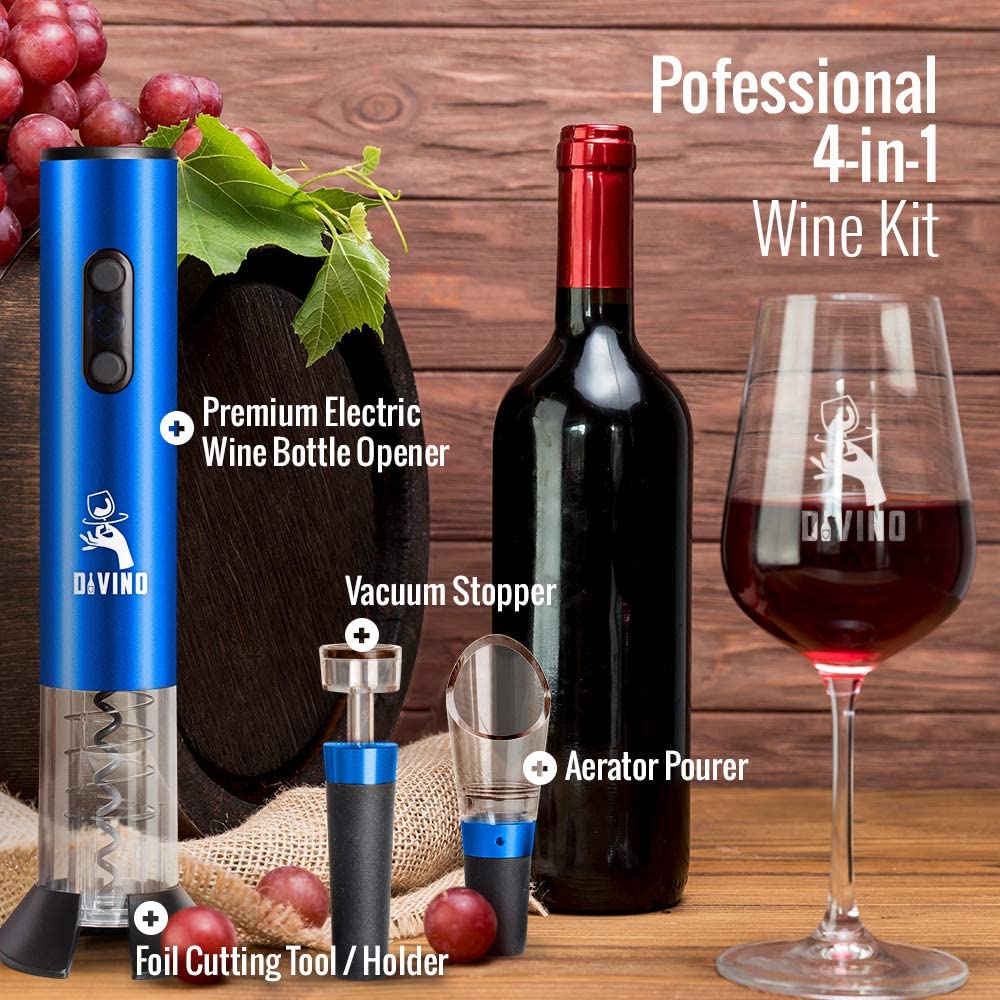 Powerful Electric Wine Opener BLUE Set – Automatic – Battery Operated with Foil Cutter, Vacuum Stopper & Aerator
