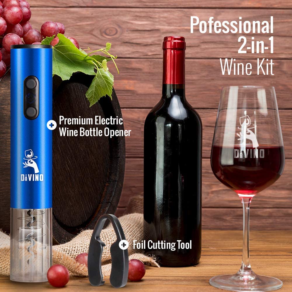 Electric Wine Opener BLUE Kit – Cordless Electric Wine Bottle Opener with Foil Cutter