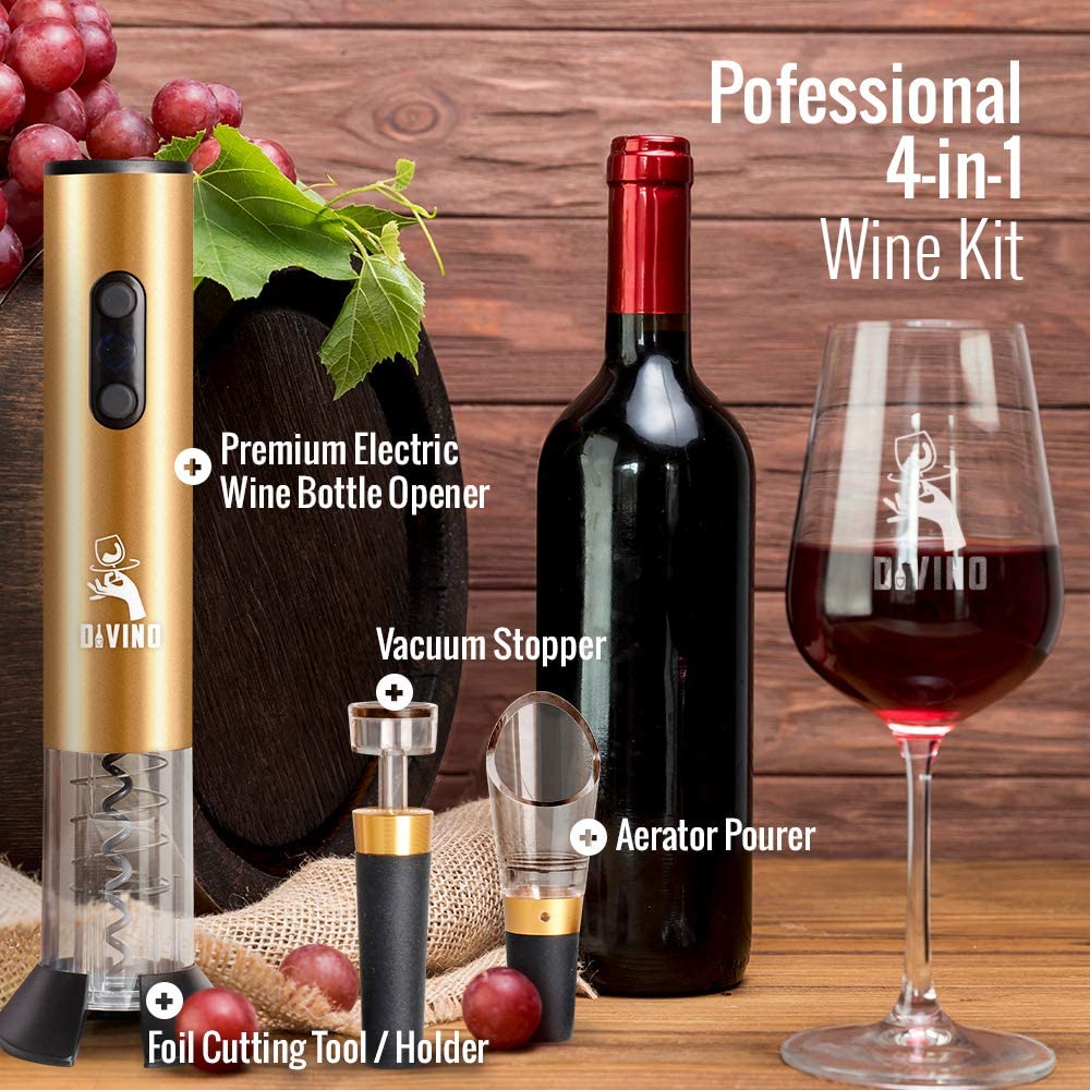Powerful Electric Wine Opener GOLD Set – Automatic – Battery Operated with Foil Cutter, Vacuum Stopper & Aerator