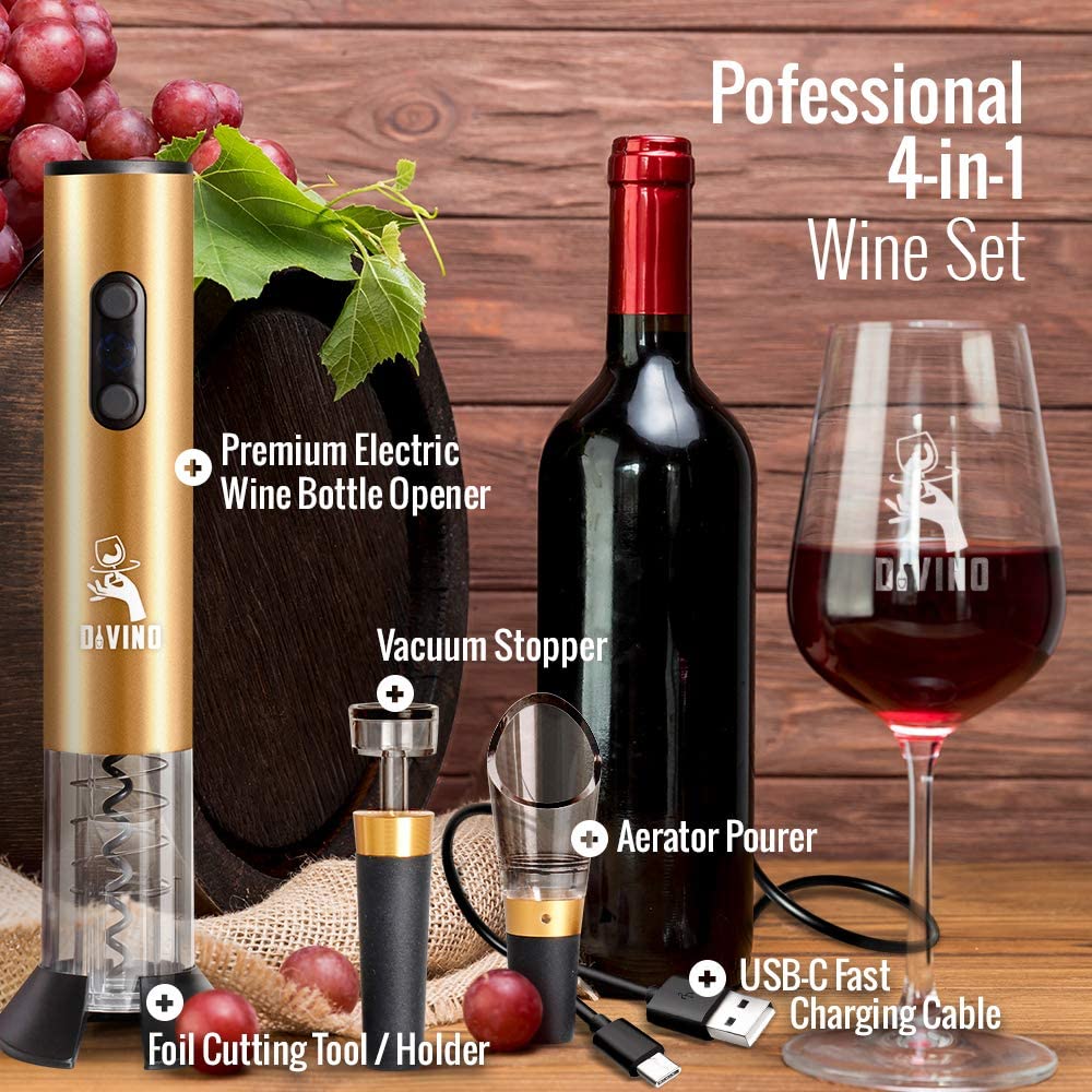 Rechargeable USB-C Electric Wine Opener GOLD Set – Automatic with Foil Cutter, Vacuum Stopper & Aerator