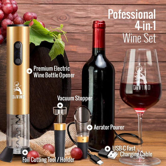 Rechargeable USB-C Electric Wine Opener GOLD Set – Automatic with Foil Cutter, Vacuum Stopper & Aerator