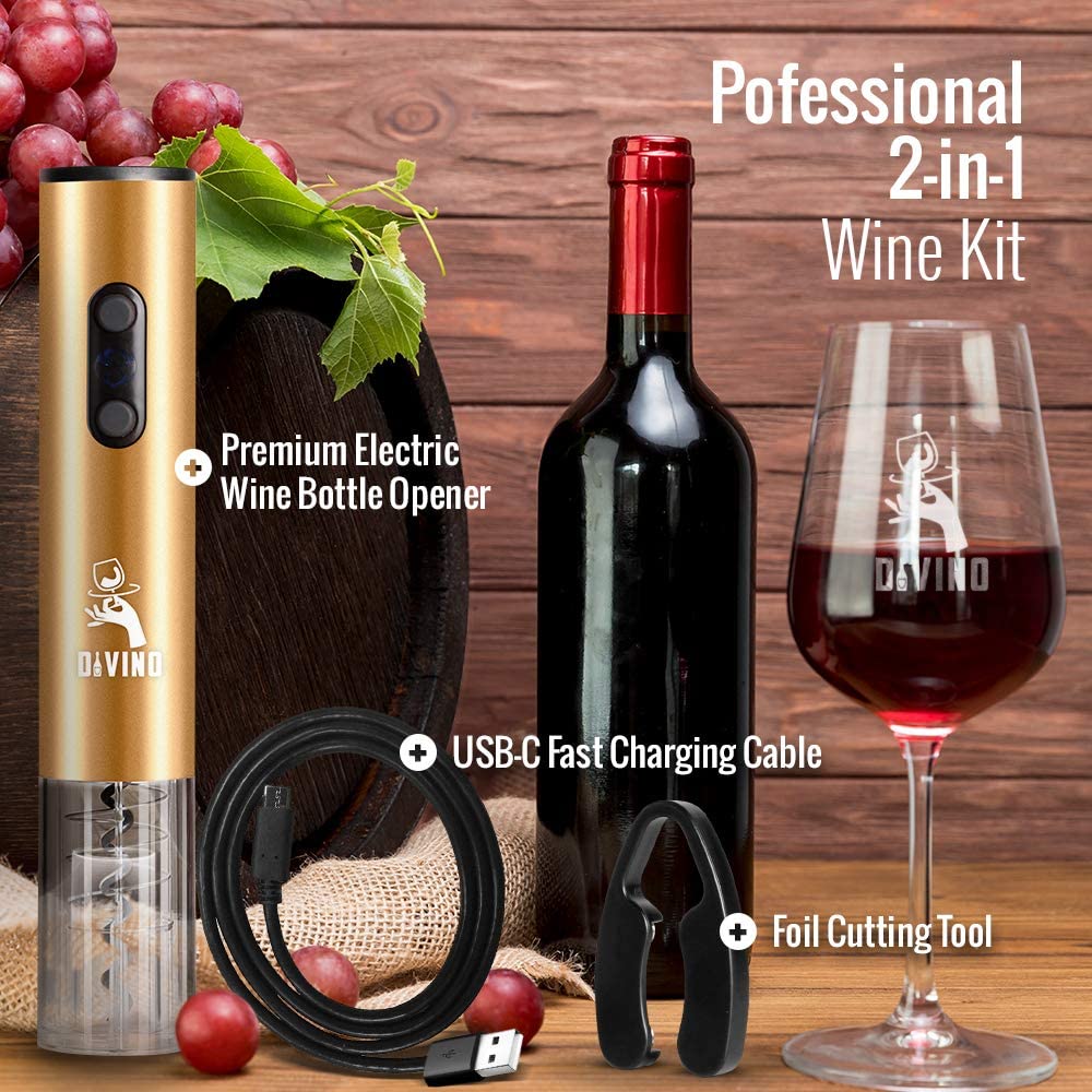 Rechargeable Electric Wine Opener GOLD Kit – Cordless Electric Wine Bottle Opener with Foil Cutter and USB-C cable