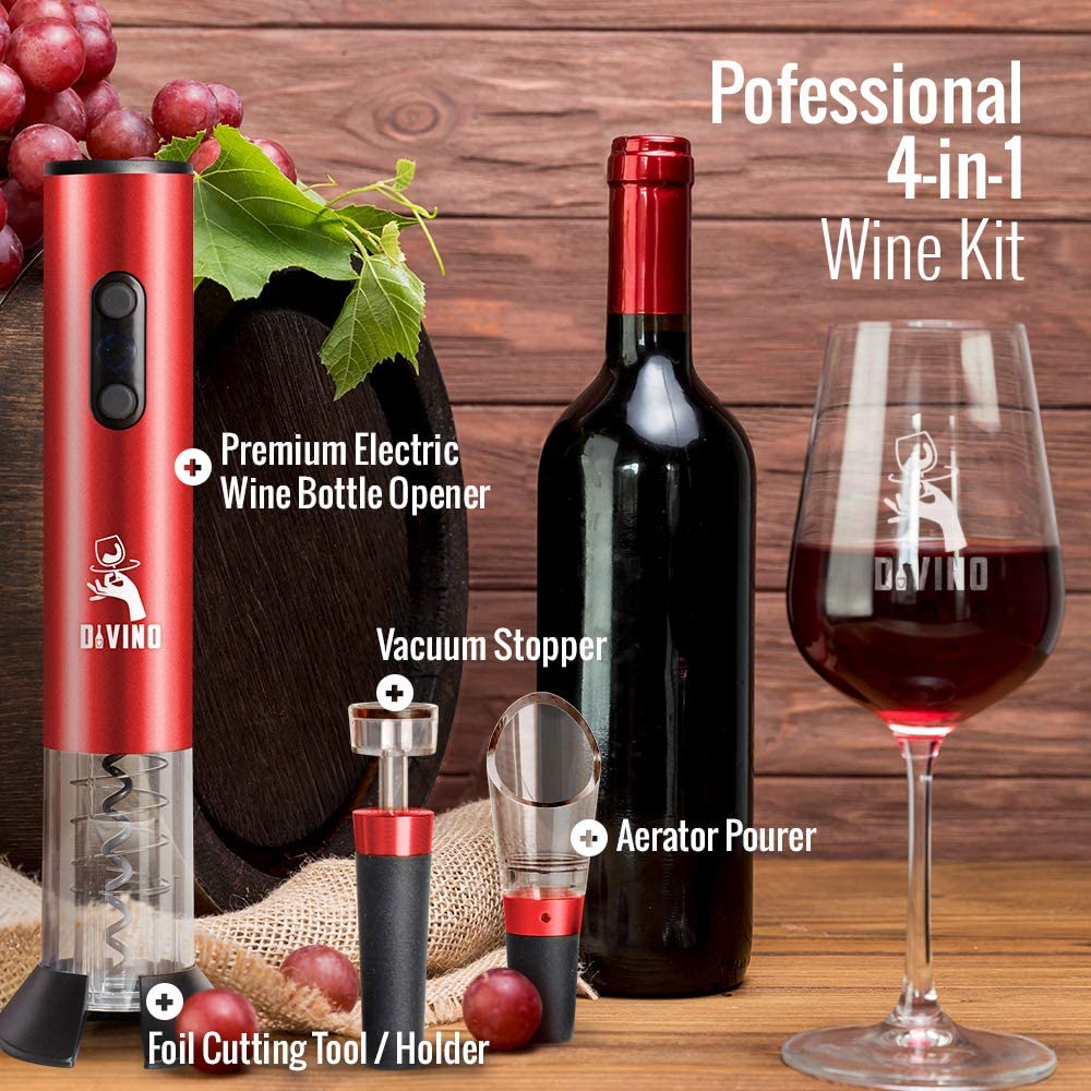 Powerful Electric Wine Opener RED Set – Automatic – Battery Operated with Foil Cutter, Vacuum Stopper & Aerator