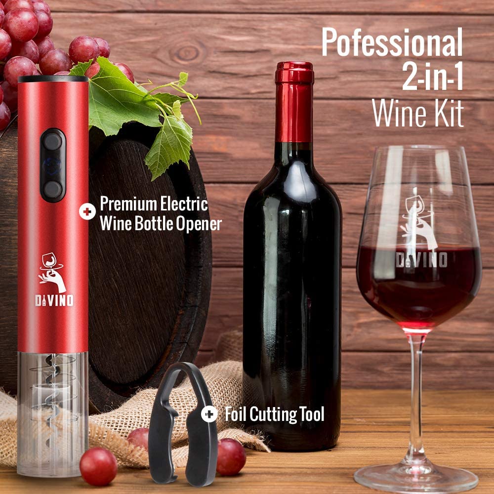 Electric Wine Opener RED Kit – Cordless Electric Wine Bottle Opener with Foil Cutter