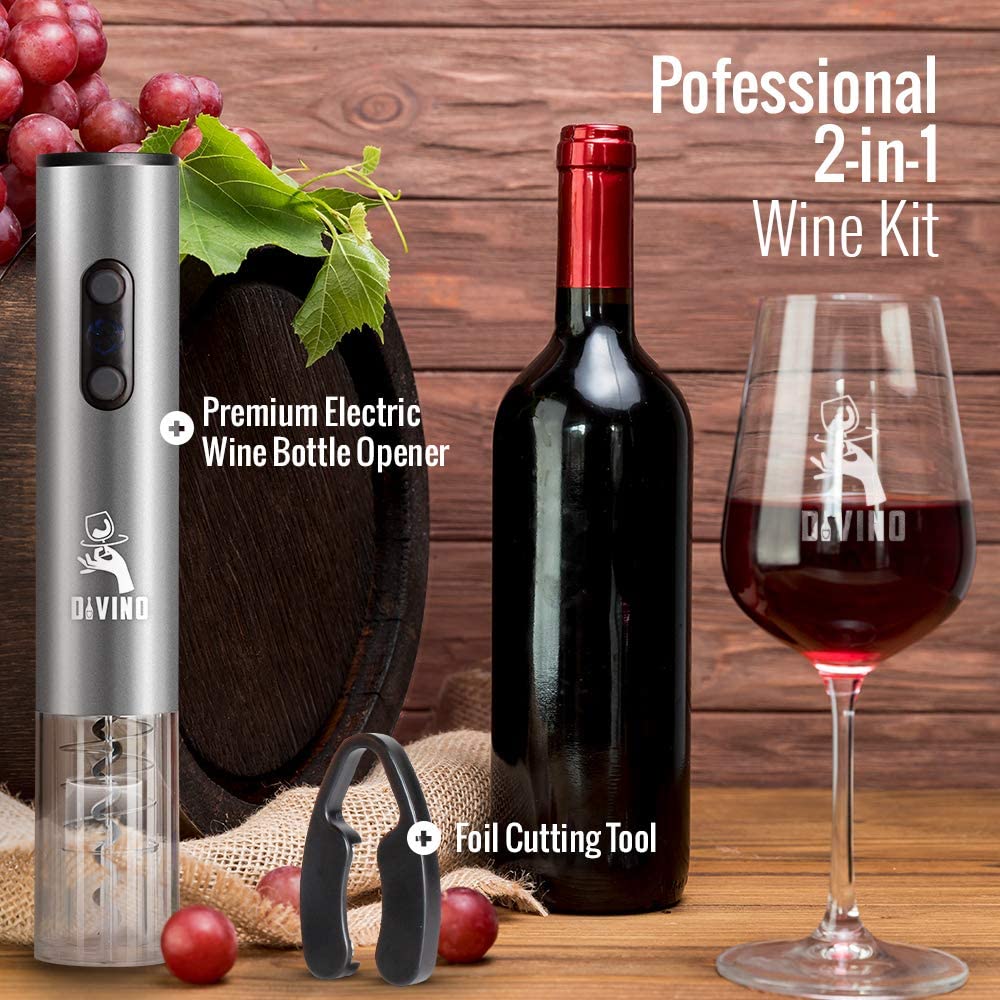 Electric Wine Opener SILVER Kit – Cordless Electric Wine Bottle Opener with Foil Cutter