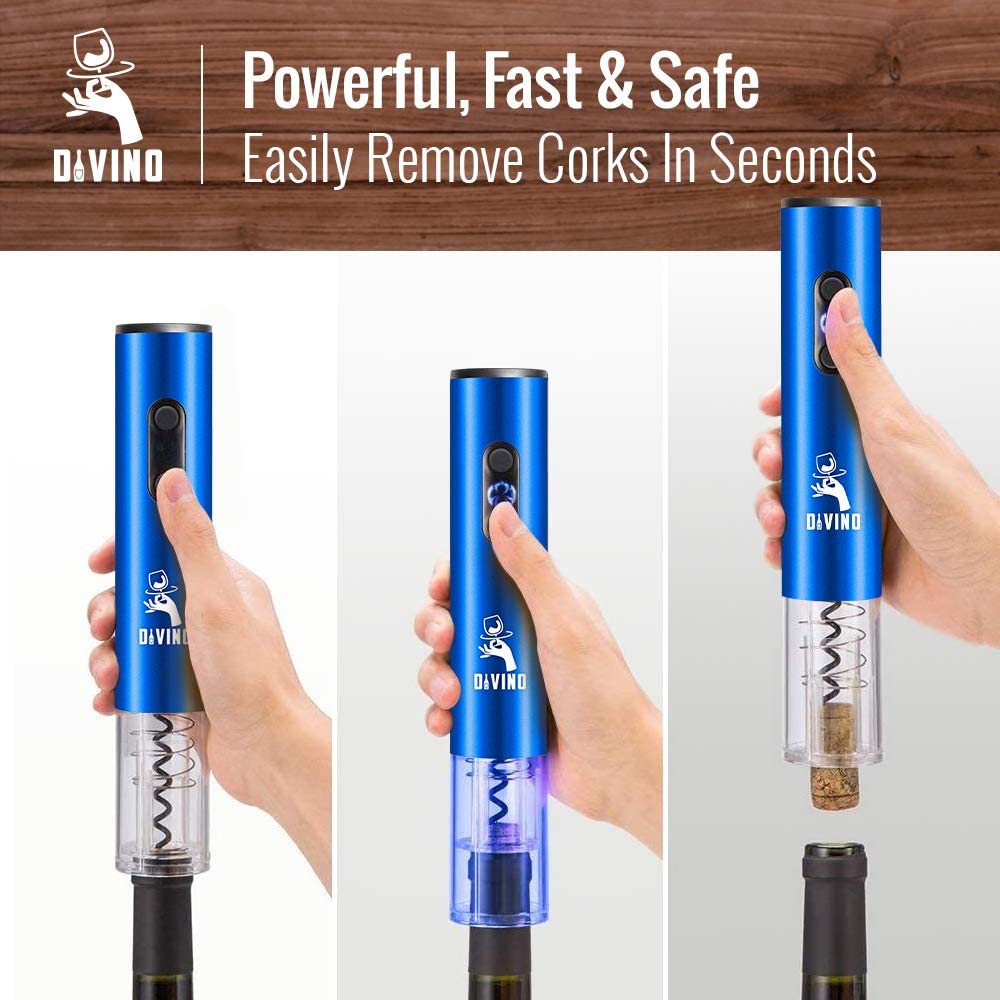 Rechargeable Electric Wine Opener BLUE Kit – Cordless Electric Wine Bottle Opener with Foil Cutter and USB-C cable