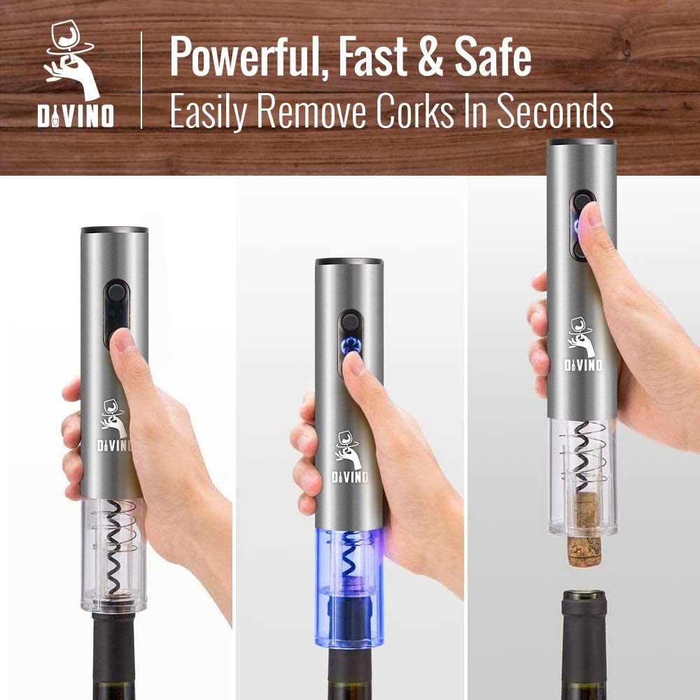 Electric Wine Opener SILVER Kit – Cordless Electric Wine Bottle Opener with Foil Cutter