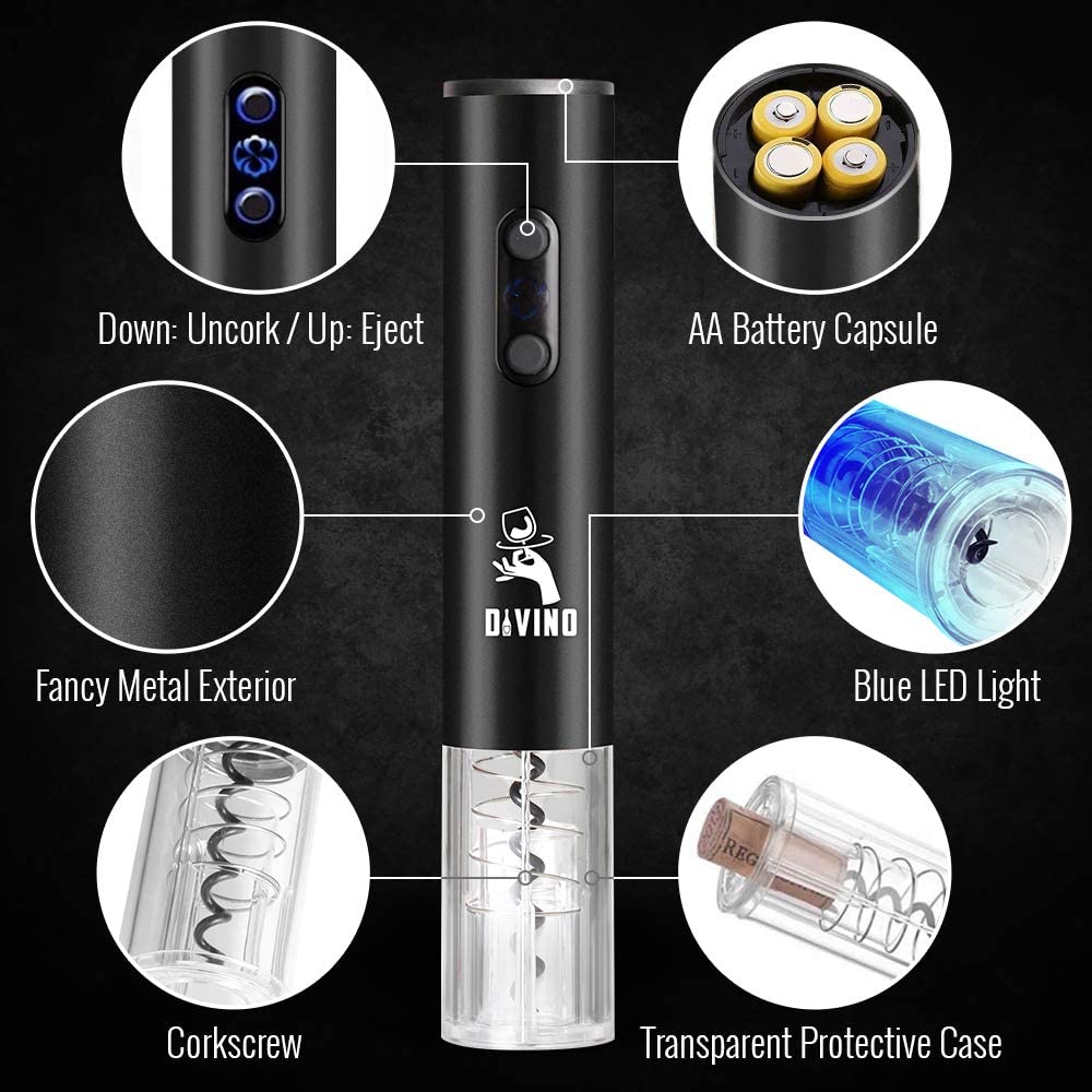 Electric Wine Opener BLACK Set – Automatic – Battery Operated with Foil Cutter, Vacuum Stopper & Aerator