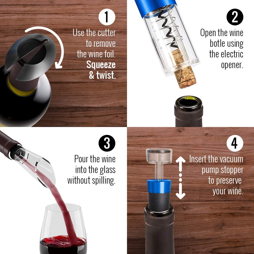 Powerful Electric Wine Opener BLUE Set – Automatic – Battery Operated with Foil Cutter, Vacuum Stopper & Aerator