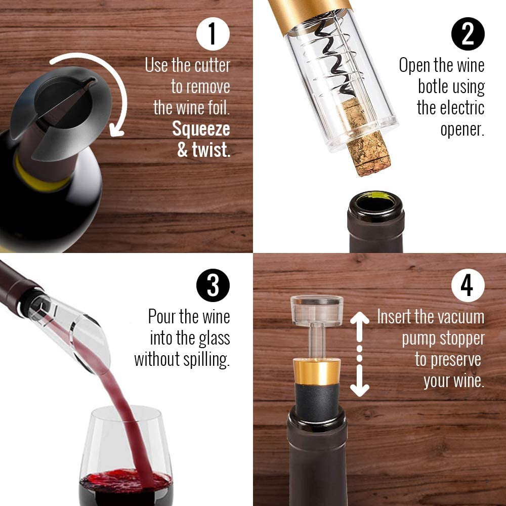 Powerful Electric Wine Opener GOLD Set – Automatic – Battery Operated with Foil Cutter, Vacuum Stopper & Aerator