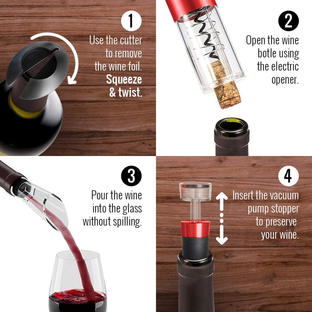 Powerful Electric Wine Opener RED Set – Automatic – Battery Operated with Foil Cutter, Vacuum Stopper & Aerator