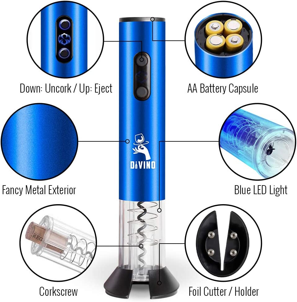 Powerful Electric Wine Opener BLUE Set – Automatic – Battery Operated with Foil Cutter, Vacuum Stopper & Aerator
