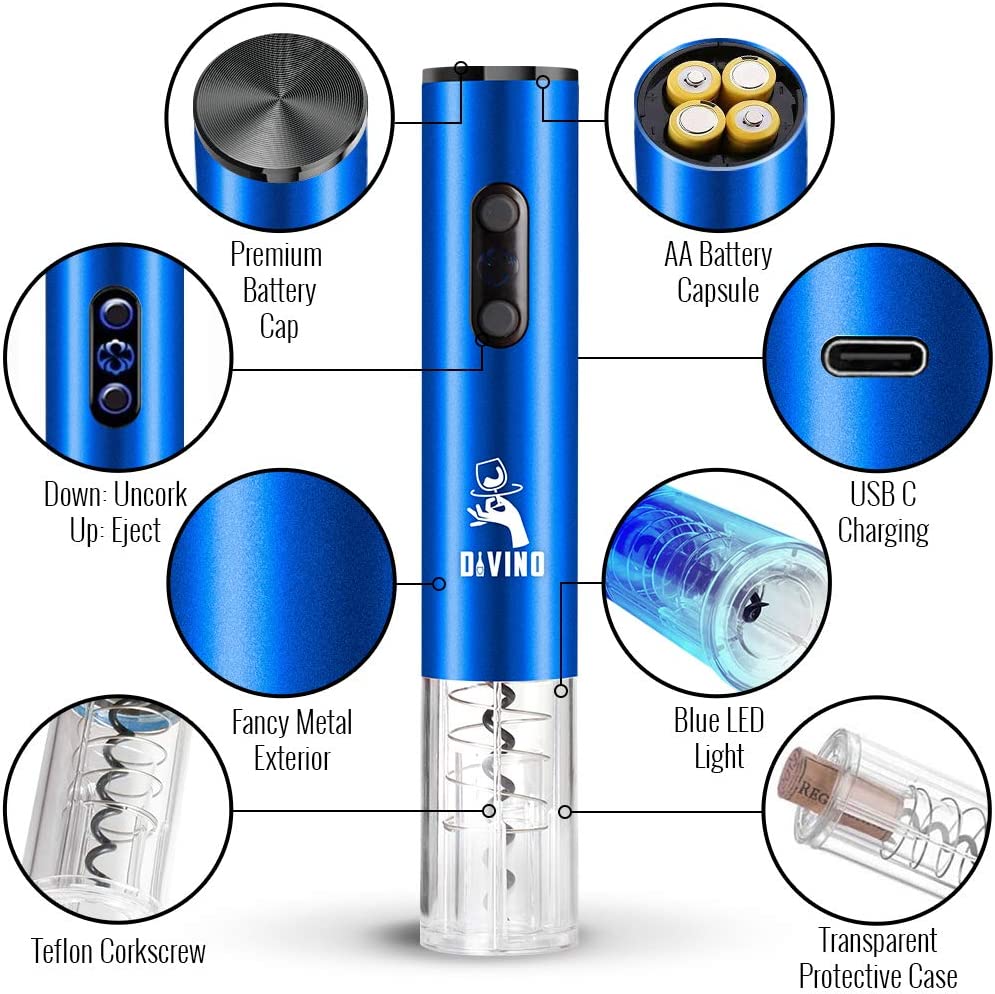 Rechargeable Electric Wine Opener BLUE Kit – Cordless Electric Wine Bottle Opener with Foil Cutter and USB-C cable