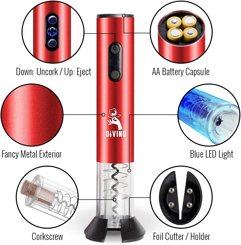 Powerful Electric Wine Opener RED Set – Automatic – Battery Operated with Foil Cutter, Vacuum Stopper & Aerator