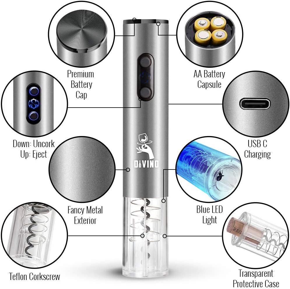 Rechargeable Electric Wine Opener SILVER Kit – Cordless Electric Wine Bottle Opener with Foil Cutter and USB-C cable
