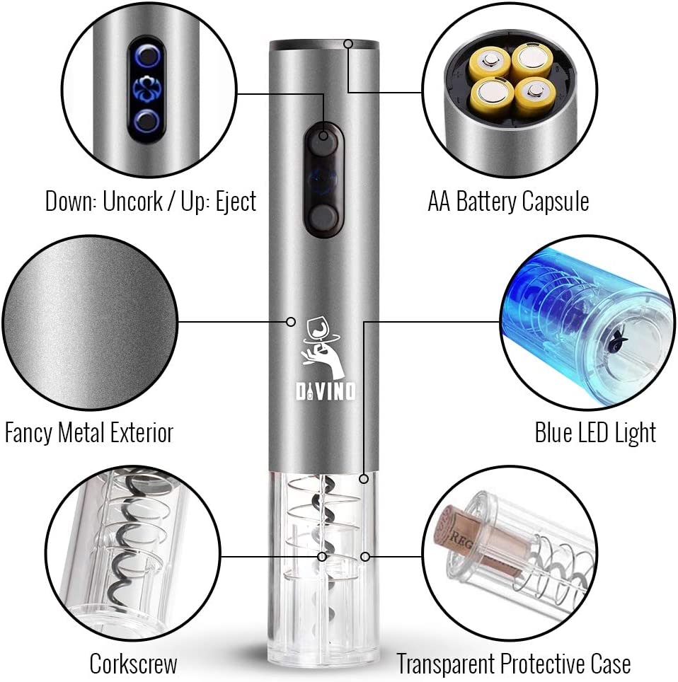 Electric Wine Opener SILVER Kit – Cordless Electric Wine Bottle Opener with Foil Cutter