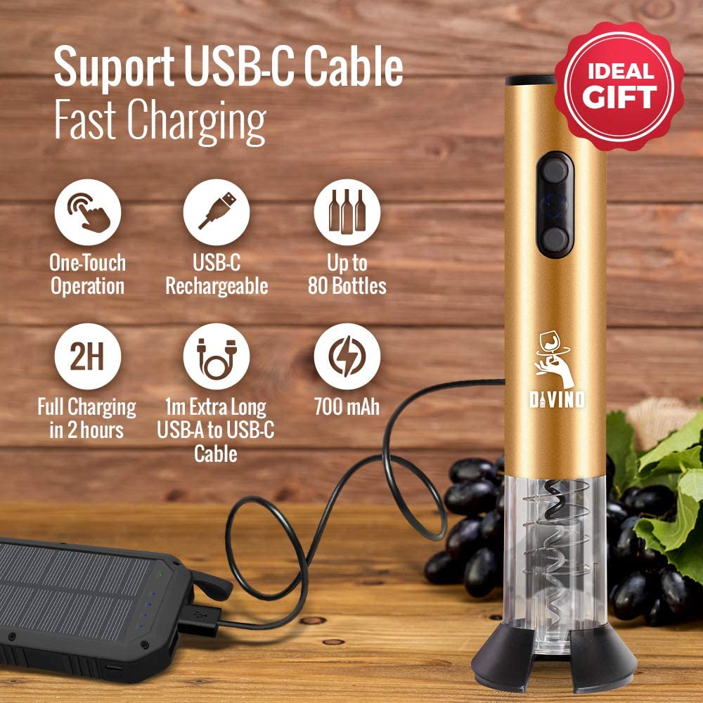 Rechargeable USB-C Electric Wine Opener GOLD Set – Automatic with Foil Cutter, Vacuum Stopper & Aerator