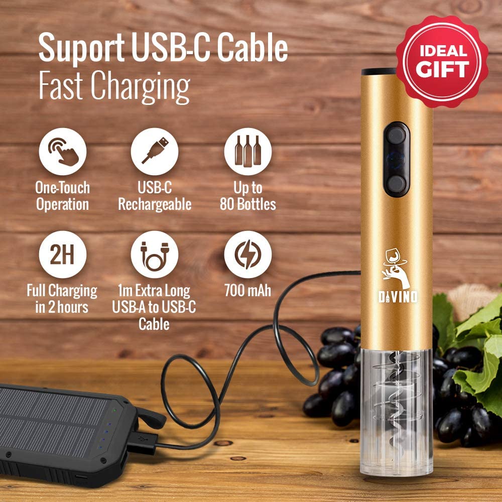 Rechargeable Electric Wine Opener GOLD Kit – Cordless Electric Wine Bottle Opener with Foil Cutter and USB-C cable