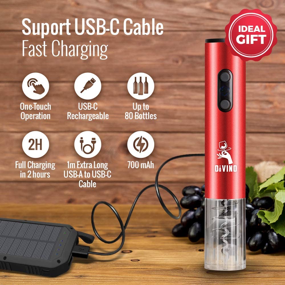 Rechargeable Electric Wine Opener RED Kit – Cordless Electric Wine Bottle Opener with Foil Cutter and USB-C cable