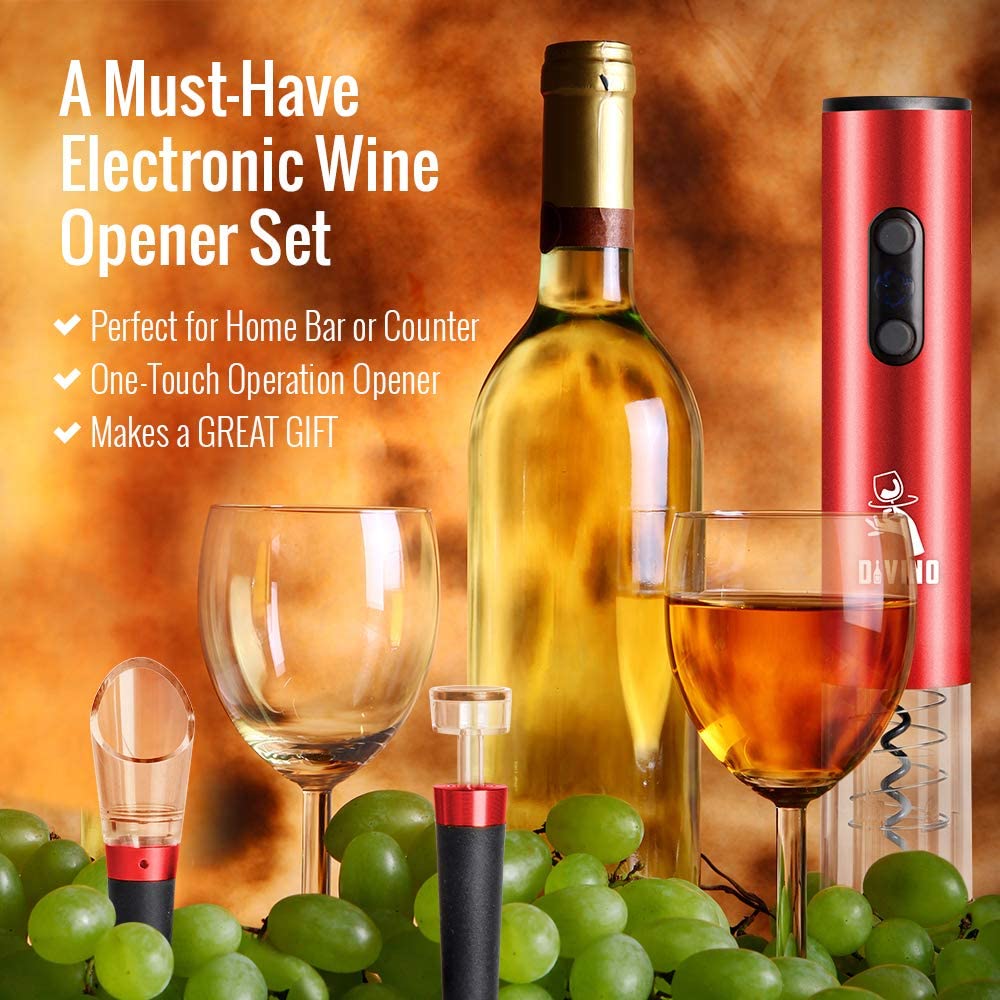 Powerful Electric Wine Opener RED Set – Automatic – Battery Operated with Foil Cutter, Vacuum Stopper & Aerator